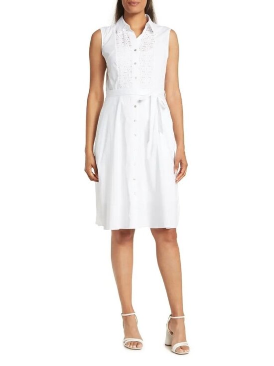 Nanette Lepore Dresses & Skirts - 🆕NANETTE LEPORE Belted Eyelet Flare Shirt Dress White 8